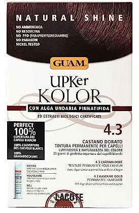 Guam, UPker KOLOR, Natürliche permanente Haarfarbe mit Undaria-Meeresalge und Bio-Extrakten, Ammoniakfreie Farbe, Made in Italy, Farbton 4.3 GOLD-BRAUN