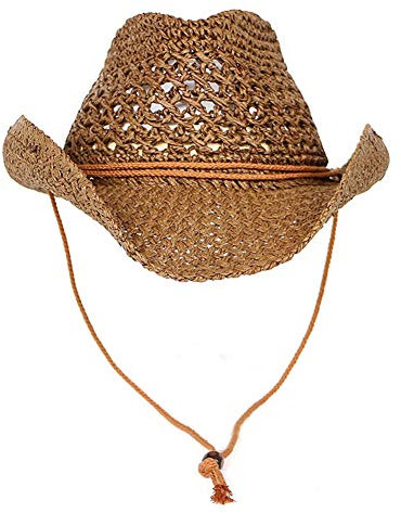 LTSWEET Cowboy Strohhut Herren Damen Cowboyhut Western Sonnenhut Strand Kappe Breiter Krempe Sommer Sonnenschutz Outdoor Camping mit Kinnriemen Natur,Braun