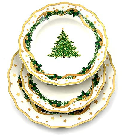 The Royal Family Servizio Piatti di Natale Decoro albero Natalizio con fiocco dorato per 6 posti tavola (18 Pezzi) in Porcellana Lucente e Resistente - Adatto a lavastoviglie e Forno -Gold Christmas