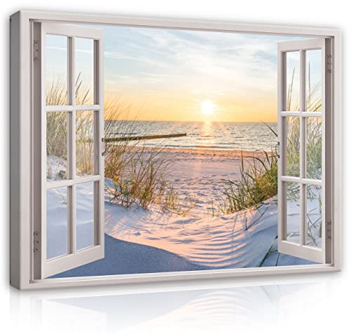 WallArena Leinwand Bilder - Fensterbilck Fenster Natur Strand - 120x80 cm | Leinwandbilder, Bild auf leinwand, Wandbild XXL groß Wandbilder für Wohnzimmer Schlafzimmer Wohnzimmerbilder