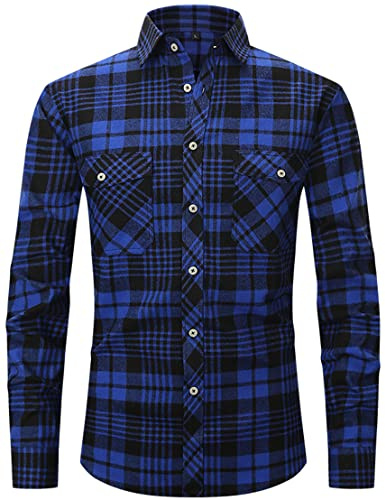 PADOLA Flanelle Chemise Homme Chemises Manches Longues à Carreaux Surchemise Bûcheron Automne Hiver Chaud Veste Haut avec Poche Chemise de Travail (L, 2 Bleu)