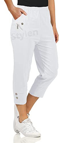 URBAN STITCH Womens Capri Trousers Ladies Three Quarter Soft 3/4 Cropped Pants UK Ladies Stretch Pull on Trousers Elasticated Waist Plus Size Summer Shorts (18, White)