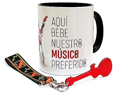 REGALOS ORIGINALES PARA MÚSICOS: Set de Taza personalizada + llavero en forma de correa de guitarra + abrebotellas en forma de guitarra