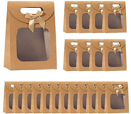 Pamtns Geschenktüte mit Fenster 20 Stück Kraftpapiertüten mit Sichtfenster Blockbodenbeutel Papiertüten Geschenktüten Kraftpapier Verpackungsbeutel Braun Beutel mit Griff für Mariage Party