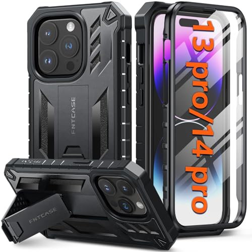 FNTCASE für iPhone 13 Pro Hülle: für iPhone 14 Pro Handyhülle mit Ständer Stoßfeste Kratzfeste Schutzhülle Heavy Duty Case für iPhone 13 Pro/14 Pro Cover SGS-Militärschutz 6,1 Zoll (A-Schwarz)
