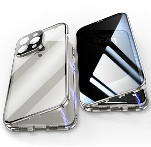Jonwelsy Anti Peeping Hülle für iPhone 15 Pro Max, 360 Grad Schutz Case, Privatsphäre Gehärtetes Glas Anti-Spähen Cover, Stark Magnetische Adsorption Metallrahmen Handyhülle für 15 Pro Max (Silber)