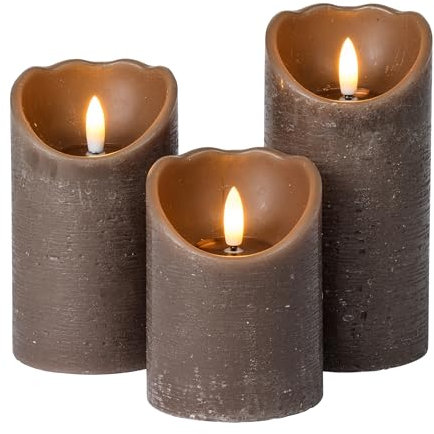 Meisterhome® 3er-Set Flammenlose LED Kerzen - Braun - Rustik Design Stumpenkerze - mit Fernbedienung – mit Timer - Batteriebetrieben – Warmweiß - 10/12,5/15 cm hoch - mit flackernder Flamme