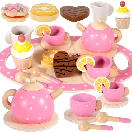 ZHHGOO Teeservice Kinder,Tee Set Holzspielzeug,Teeservice mit Dessert,Tea Party Set Kids Rollenspiele,Küchenspiele Holz,Teeservices Kinderküche für Mädchen 3 4 5 6 7 8 Jahren,Rosa