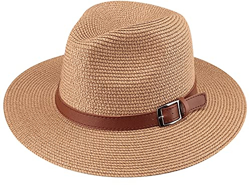 DRESHOW Damen Panama Hut Fedora Strand Sonnenhut Breiter Rand Stroh Aufrollen Hut UPF 50+