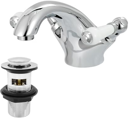 Victoria Bathroom Sink Tap for Basin with Pop up Sink Plug Dual Handle Chrome Brass Swan Neck Traditional Basin Mixer Tap 032ANCR