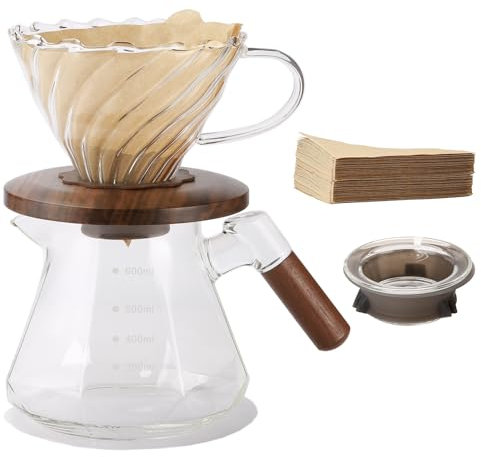 Lalord Caffettiera Pour Over in Vetro Borosilicato da 600 ml, con Filtro di Carta 02 da 100 Pezzi, Collare in Noce e Coperchio in Vetro, Caffettiera a Goccia, 1-3 Tazze, Trasparente