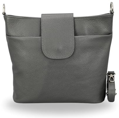 Brise Art Umhängetasche Damen Echtes Leder ELLIE Handgemachte Crossbody Bag mit Ledergurt 6 Fächer Wasserdichte Schultertasche Made in Italy (Dunkelgrau - 1)