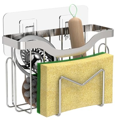 Adorila Stainless Steel Sponge Holder for Kitchen Sink, Sink Caddy Organizer, Adhesive Sink Caddy for Sponges, Scrubbers, Soap, JJL7914001