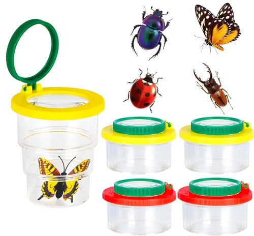 4 Stück Becherlupe Set, Insektenlupenbehälter mit Kunststoffpinzette und Lupenbox Lupenbecher, Insektenbetrachter, Insektenkäfig für Kinder Wissenschaft oder Biologie Insekten sammeln