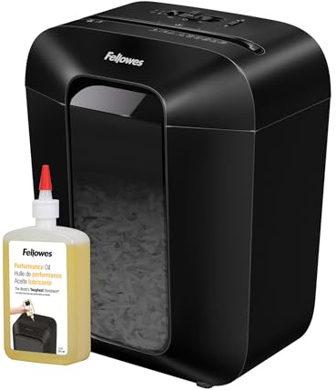 Fellowes Trituradora de Papel LX50, Corte en partículas, destruye hasta 9 Hojas, Uso Personal, con Bloqueo de Seguridad, Negro + Aceite lubricante para destructoras de papel, 355 ml