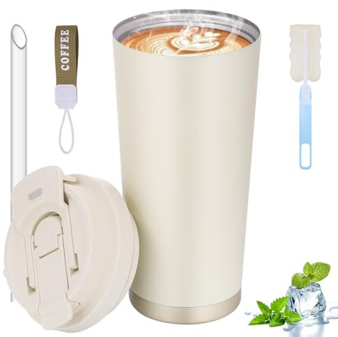 Hejo Thermobecher Kaffee to go Becher, Kaffeebecher mit Strohhalm aus Edelsthal, 530 ml Auslaufsicherer Isolierbecher mit Deckel, Doppelwandiger Reisebecher für Heiße＆Kalte Getränke (Beige)
