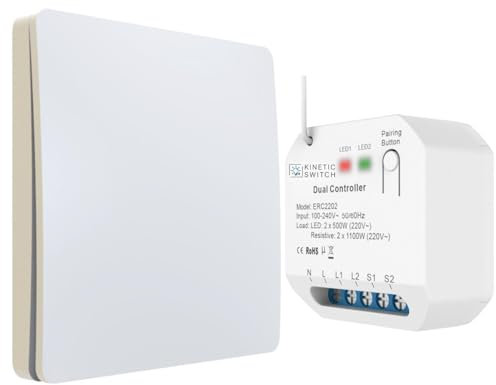 kinetic-switch Funkschalter Set mit batterielosem Funkschalter (IP67) und smartem Kompakt-Empfänger auch über tuya App sowie Amazon Alexa und Google Home steuerbar (weiß)