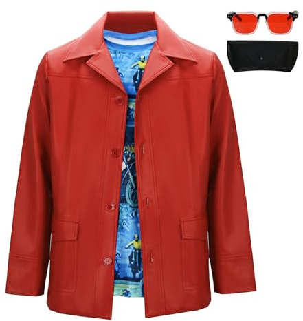 Paklemy Mens Tyler Durden Red Jacket Halloween Costume Outfit Motorcycle Biker Faux Leather Coat Shirt Sunglasses Suit (XX-Large)