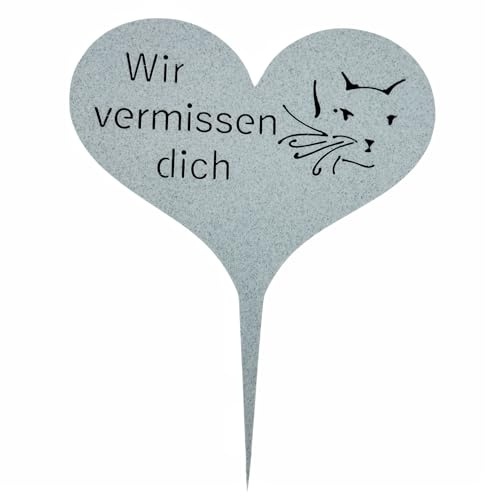 Radami Grabstecker Grabschild auf Stab | mit Inschrift Wir vermissen Dich Kunststoff Grabschmuck | Grabdekoration Trauerherz Herz Spruch für Grab Tiergrab Katze