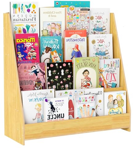 Nisorpa Bücherregal Kinder, Holzregal mit 4 Ebenen für Bücher, Montessori Standregal fürs Kinderzimmer, Wohnzimmer (80x88x30cm, Naturholzfarbe)