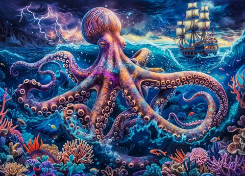 Giant Octopus Jigsaw Puzzles for Adults 1000 Piece Storm Lightning Ship Jigsaws 1000 Pieces for Adults