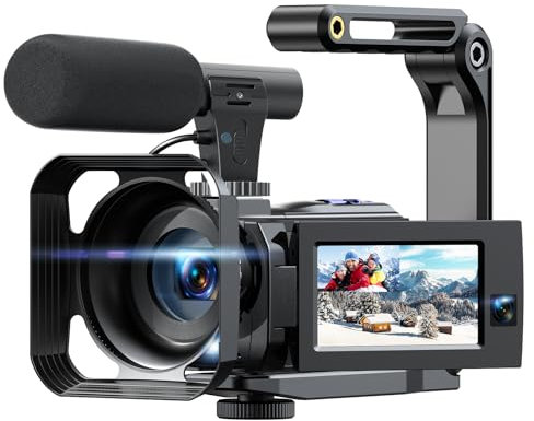 Camcorder Videokamera 5K 56MP Doppelobjektiv WiFi 16X Digitalzoom 3 Touchscreen Vlogging Kamera für YouTube IR Nachtsicht Camera mit 2 Batterien,64GB Karte,Mikrofon,Gegenlichtblende,Fernbedienung