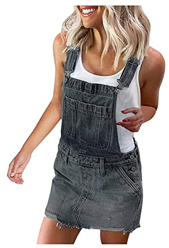 Vhersily Salopette da Donna Corta Oversize, con Salopette estive, in Jeans, Mini Gonna, Denim, Senza Maniche, Estiva Casual Gonna Corta Moda Buco Strappato