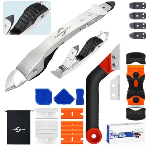 EVOHONOUR Silicone Caulking Tool Kit, Stainless Steel Caulk Remover Tool, 4 in 1 Grout Removal Tool with Comfortable Grip