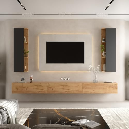 Planetmöbel TV-Schrank, Fernsehtisch 300 cm lang | 2x TV-Schrank 40 x 130 x 17 cm hängend, Fernsehschrank für Wohnzimmer, 3x TV Lowboard 100 x 30 x 37,8 cm, Gold Eiche