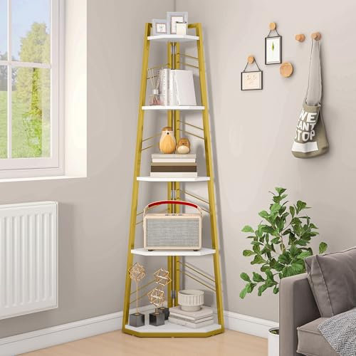 DWVO Corner Shelf 5 Tiers, Corner Bookshelf with Metal Frame, Industrial Ladder Bookcase Floorstanding Display Shelf Tall Storage Rack for Living Room Kitchen Bedroom, Gold and White Book Shelves