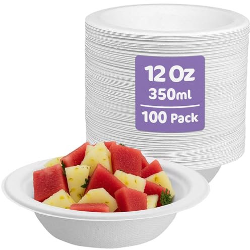 iSOUL Compostable Bagasse Disposable Soup Bowl 350ml, 12oz Paper Bowls for Milk Salads for Milk Salads, Soups Picnics BBQ Parties Rigid Salad Bowls Sugarcane Paper Bowl White 100 Pack