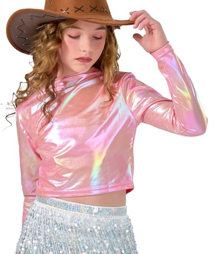 LOLANTA Top Corto Metallizzato da Bambina, Mezza Dolcevita, Maglia da Ballo Scintillante e Scintillante per Hip Hop, Disco, palco e Feste, Rosa, 6-7 Anni, 130