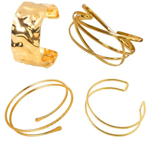 AHEJIOO Armreif Gold 4er Set Damen, Verstellbare Armreifen Gold Für Frauen Und Mädchen, Armreif Oberarmreif Stapelfähige Bangles Als Elegantes Schmuck Geschenk