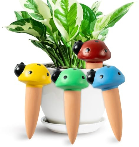 Joyeee Tonkegel Bewässerung 4er Set, Terrakotta-Selbstbewässerungsgeräte, Urlaubspflanzgefäße, ideal für Pflanzen im Innen- und Außenbereich, Marienkäferform