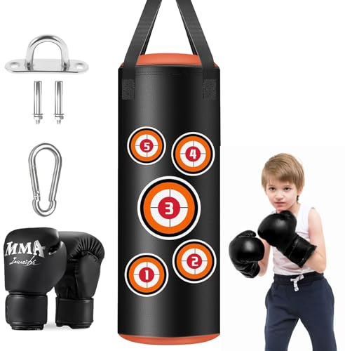 Kids Punch Bag with Gloves, Junior 2FT Unfilled Hanging Set with Gloves, Chains and Fixing Hooks, Microfiber Leather Heavy Bag for Youth Children Training Kickboxing Fitness Workout, Boys Girls Gift