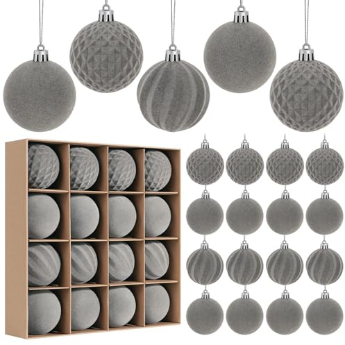 Miaikoe 16 Stück Samt Weihnachtskugeln hängende Ornamente Set, vorgebunden zerstörungsdicht Plastik Flocked Weihnachtskugeln Weihnachtsdekorationen Festival Feiertag Party Dekor (Grau, 6CM)