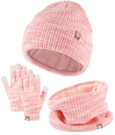 Generisch 2025: Kinder Wintermütze Handschuhe Schal Set Mädchen Kleinkind Kinder Hüte mit Pom Strick Halswärmer Gamasche Fäustlinge Fleece gefüttert Set (One Size)