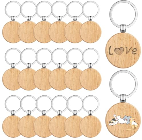 Lunza 40 Pièces Porte-Clés en Bois Vierge, 4cm Porte Clef Personnalisable | Épaisseur 0,7cm, Porte-Clés Ronds, Porte Clé Bois Vierges, pour DIY Sculpture, Peinture, Décoration, Cadeaux