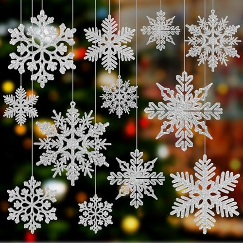 Chlorine 52 Pcs Silber Glitzer Schneeflocken Ornamente, Schneeflocken Dekoration für Weihnachtsbaumschmuck, Fenster Tür Zubehör, Silvesterparty Dekorationen