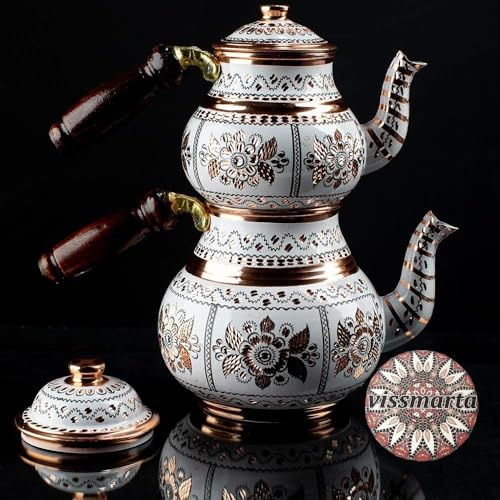 Handmade Copper Turkish Teapot Tea Kettle Pots Set for Stove Top Stovetop Decorative Infuser Vintage Antique Arabic Farmhouse Tray Cups Serving Party Moroccan Decor Style Persian Kitchen Fancy Gift