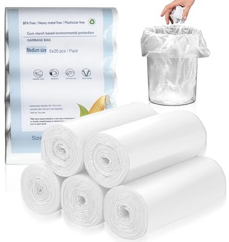 Biodegradable Food Waste Bags, 100Pcs Compostable Food Waste Bags, White Bin Liners, 50 x 60cm Clear Recycling Bag, Compostable Bin Liners for Kitchen Bathroom Garden Office(White)