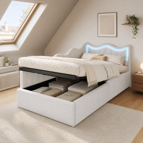 Kinder Bett 90x200cm, Einzelbett 90x200 mit LED und Kopfteil Kinderbett Polsterbett 90x200 mit LED und Stauraum Teddy Stoff Massivholz Bettgestell mit Lattenrost, Ohne Matratze (D Weiß, 90x200 cm)
