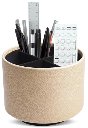 Mtzmy Rund Stiftehalter,Leder,360° drehbar,Fernbedienungshalter, drehbarer Nachttisch, TV-Fernbedienung, Schreibtisch-Organizer für Stifte, Bürobedarf, Aufbewahrungsbox(1-Lichee Gold)