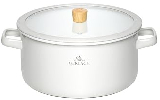 Gerlach 1760 Topf Kochtopf - 24 cm 5 L Emaille - Alle Herdarten - Deckel aus gehärtetem Glas - Weiß Natur Enamel