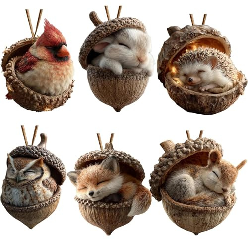 6er-Set Wälder Tier Eichkorn Ornamente | Weihnachtliche 2D-Acrylfiguren Mit Tannenzapfen | Glatt, Glänzend Und Farbecht | Hängende Eichkorn-Weihnachtsdekoration Für Zuhause, Büro Und Wohnzimmer