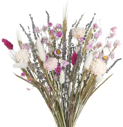 CEWUDA Trockenblumen Deko Trockenblumenstrauß Lavendel Rosa Gänseblümchen Naturliche Weizenähren Getrocknet Blumen Pflanzen Blumenstrauß Boho Deko für Wohnzimmer Home Hochzeit Vasen Tischdeko
