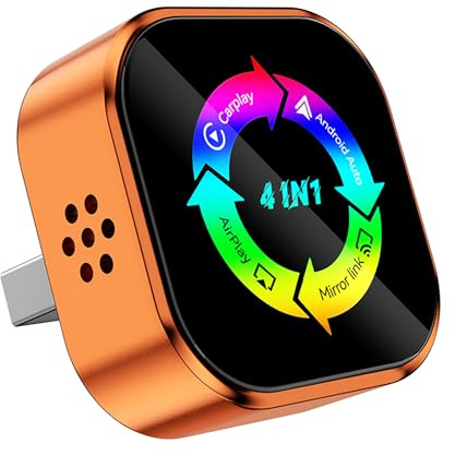 Adaptador inalámbrico CarPlay 4 en 1 – De cable a inalámbrico para CarPlay y Android Auto, con MirrorLink y AirPlay, compatible con iPhone y Android (Naranja)