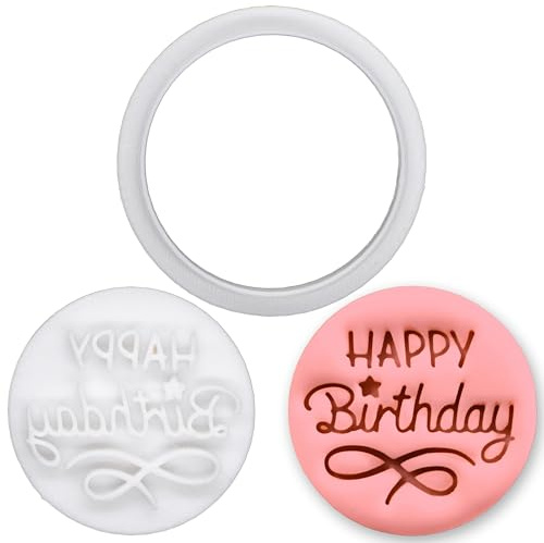 BAKERLOGY Happy Birthday Mini Cookie Cutter & Stamp Set – Round Celebration Fondant Embosser for Birthday Party Baking, Cupcake Topper Cake Decoration