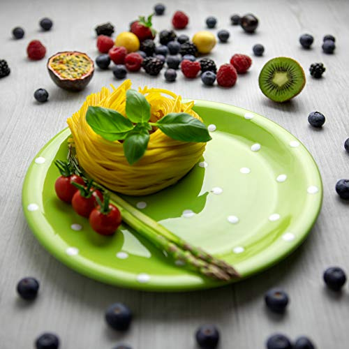 City to Cottage® Lime Green and White Pottery | Polka Dot Spotty | Handmade Hand Painted | Glazed Ceramic 10inch/25.5cm Flat Dinner Plate | Unique Dinnerware