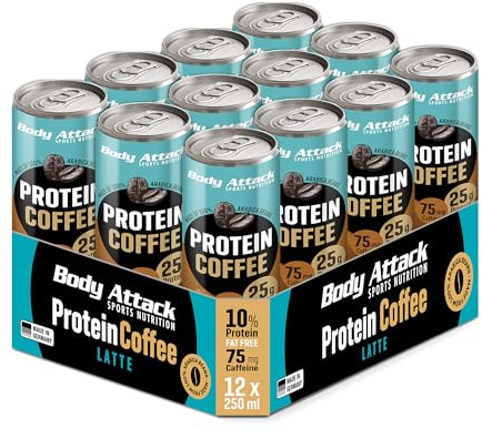 Body Attack Protein Coffee – Coffee Latte, 12 x 250ml (inkl. Pfand) - Protein Eiskaffee - erfrischender Eiskaffee fettarm mit 25 g Eiweiß, 75 mg Koffein - aus 100% Arabica Kaffeebohnen